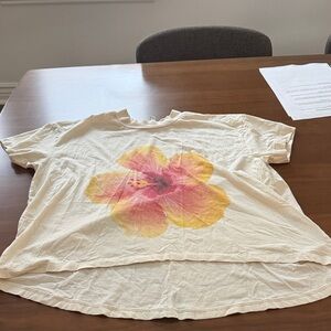 Cream Floral Graphic Tee with Pink & Yellow Hibiscus